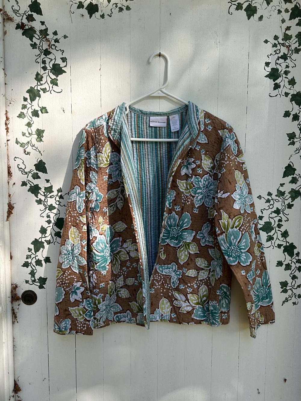 Y2K Brown & Lime Green Paisley Striped Floral Quilted Jacket w Teal Accents AD